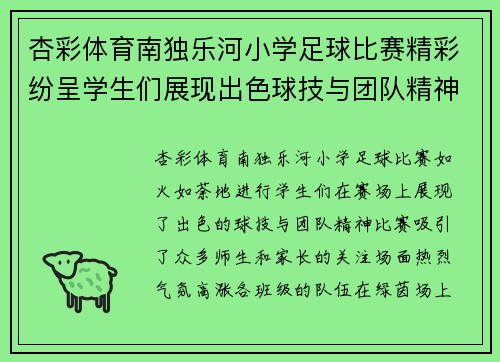 杏彩体育南独乐河小学足球比赛精彩纷呈学生们展现出色球技与团队精神